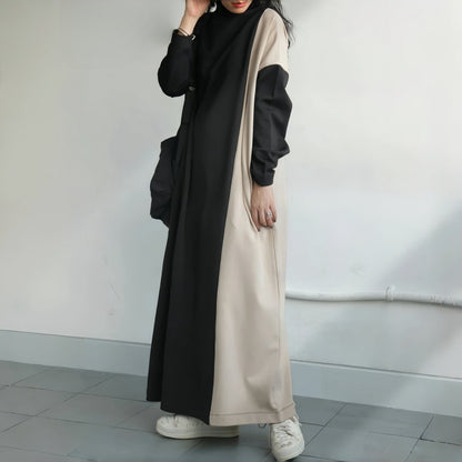 Dress for Women – Maxi Length – Loose Fit – Long Sleeves – High Neck – Contrast Side Panel