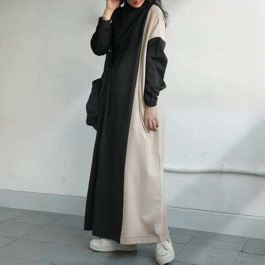 Dress for Women – Maxi Length – Loose Fit – Long Sleeves – High Neck – Contrast Side Panel