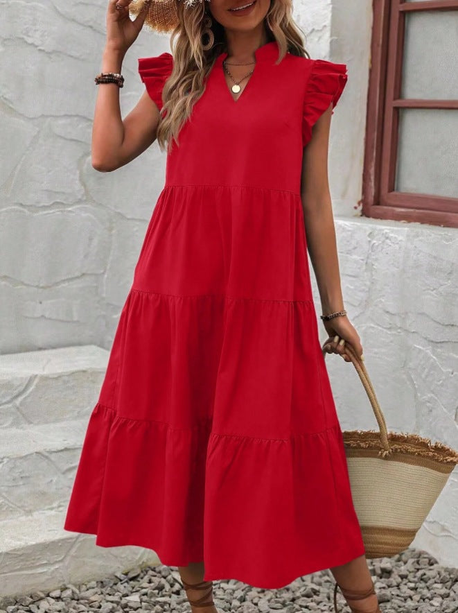 Women's Midi Dress – V-Neck – Short Sleeves with Ruffles – Relaxed Fit – Fitted Waist