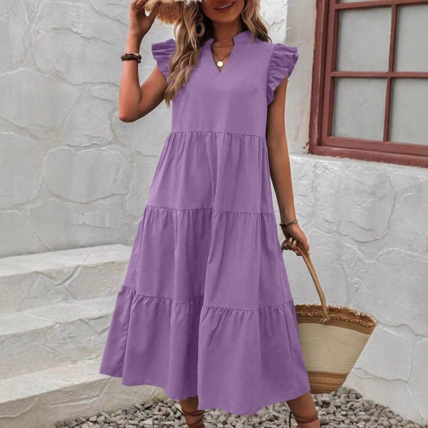 Women's Midi Dress – V-Neck – Short Sleeves with Ruffles – Relaxed Fit – Fitted Waist