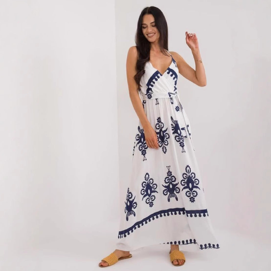 Women's Maxi Dress – Cotton – Sleeveless – V-Neck – Empire Waist – Print – Tie Belt