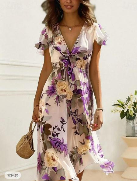 Dress for Women – Midi – Airy Fit – V-Neck – Ruched Sleeves – Floral Print