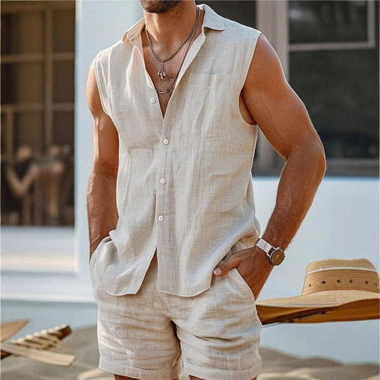 Men's Set with Sleeveless Shirt and Shorts – Cotton Linen – Relaxed Fit