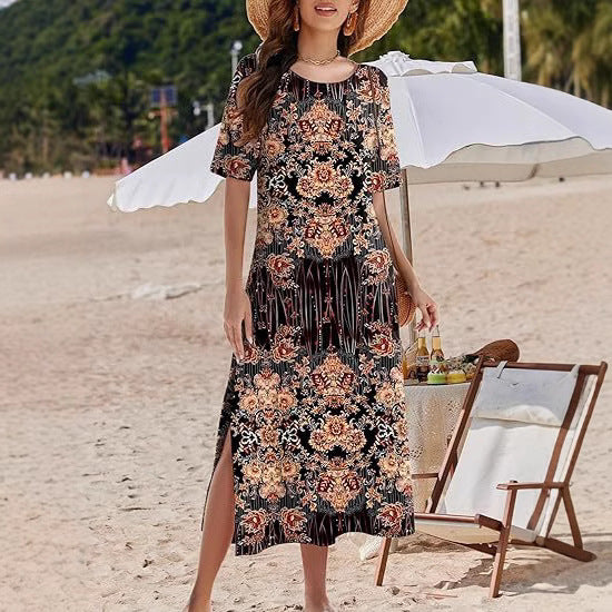 Women's Maxi Dress – Bohemian Floral Print – Loose Fit – Breathable Material – Side Slits