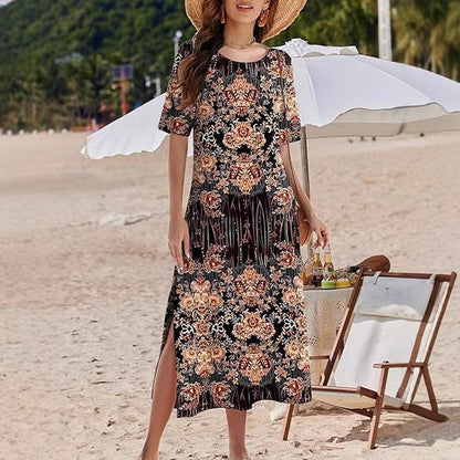 Women's Maxi Dress – Bohemian Floral Print – Loose Fit – Breathable Material – Side Slits