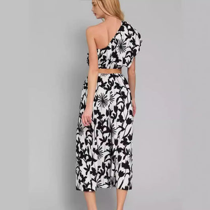 Women's Jumpsuit – One Shoulder – Waist Cutout – Wide Legs – Light Cotton Blend