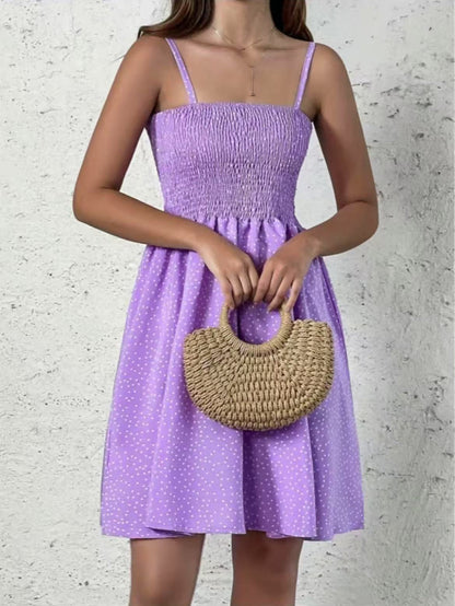Women’s Polka Dot Dress - Smocked Bodice - Spaghetti Strap