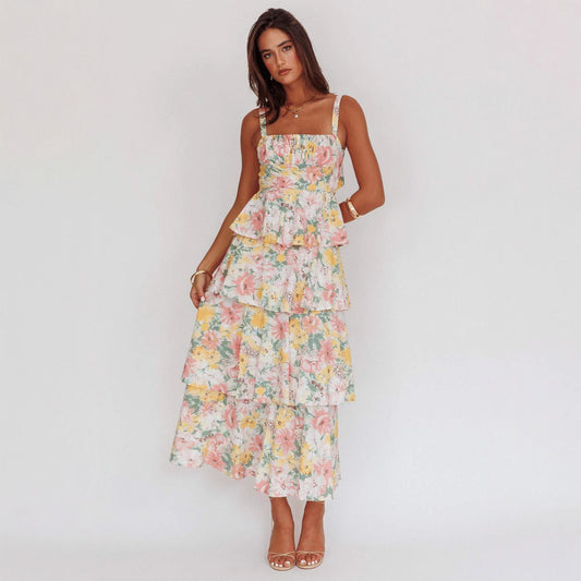 Women's Midi Dress – Slim Waist – Floral Print – Sleeveless – Ruched Skirt