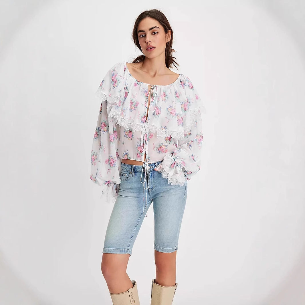 Damebluse – Chiffon – Løs pasform – Lange ærmer – Blomstermønster – Blondekant