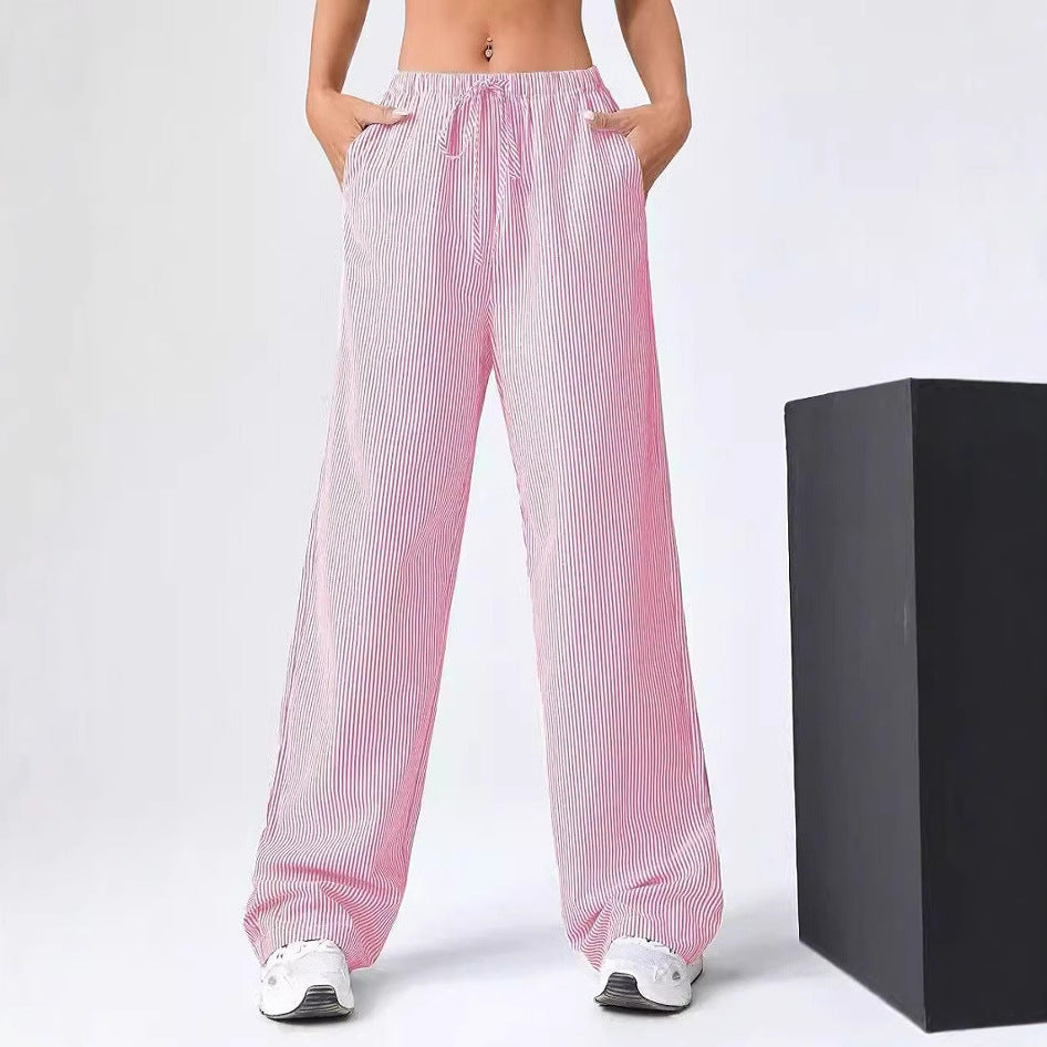 Women's Pants – Straight Leg – Relaxed Fit – Drawstring Waist – Striped – Breathable Mix