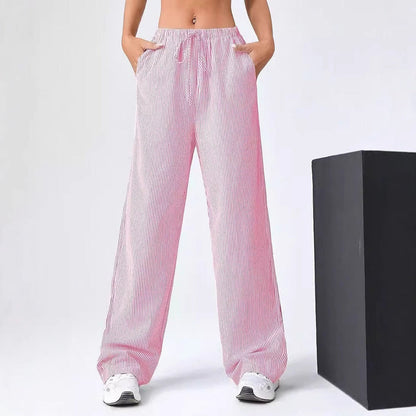 Women's Pants – Straight Leg – Relaxed Fit – Drawstring Waist – Striped – Breathable Mix