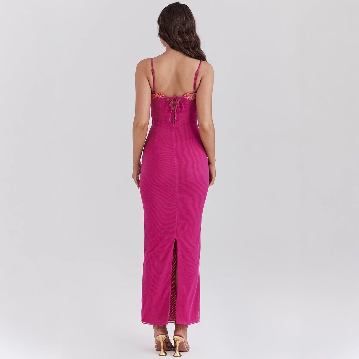 Women's Maxi Dress – Slim Fit – Lace Trim – Spaghetti Straps – Sheer Panel