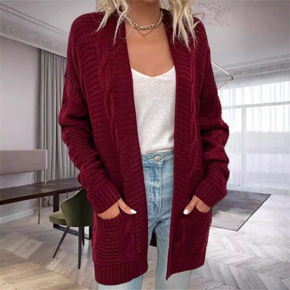 Women's Cardigan – Oversize Fit – Chunky Knit – Open Front – Pockets – Wool Blend