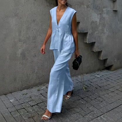 Women's Two-Piece Set – Sleeveless Peplum Top with V-Neckline – Loose Pants in Breathable Material