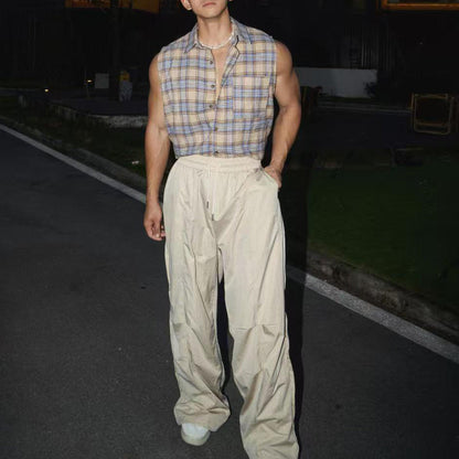 Men's Sleeveless Shirt – Loose Fit – Lightweight Cotton – Button Closure – Checked Casual