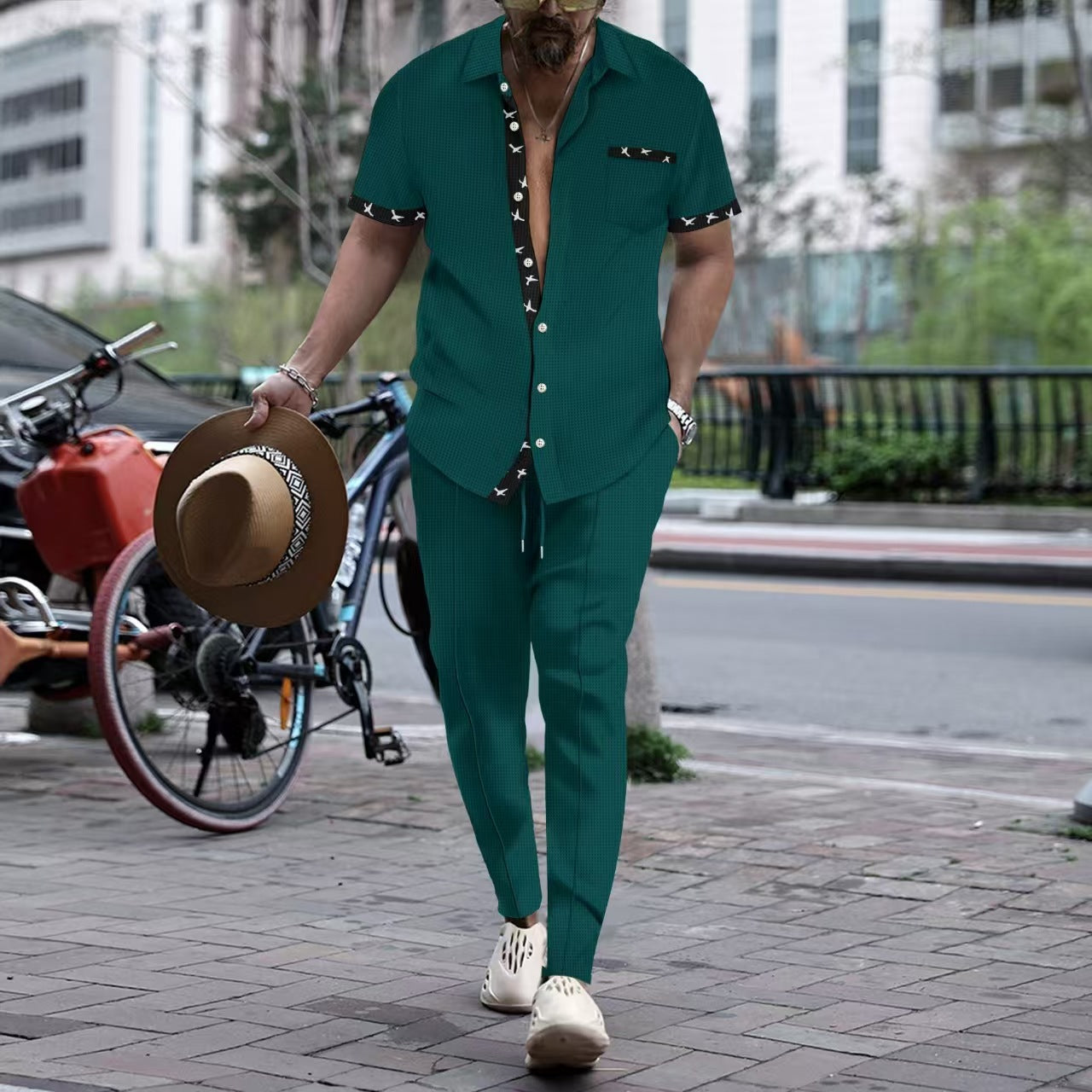 Men's Set – Relaxed Fit – Short-Sleeved Shirt with Elegant Trim – Breathable Design