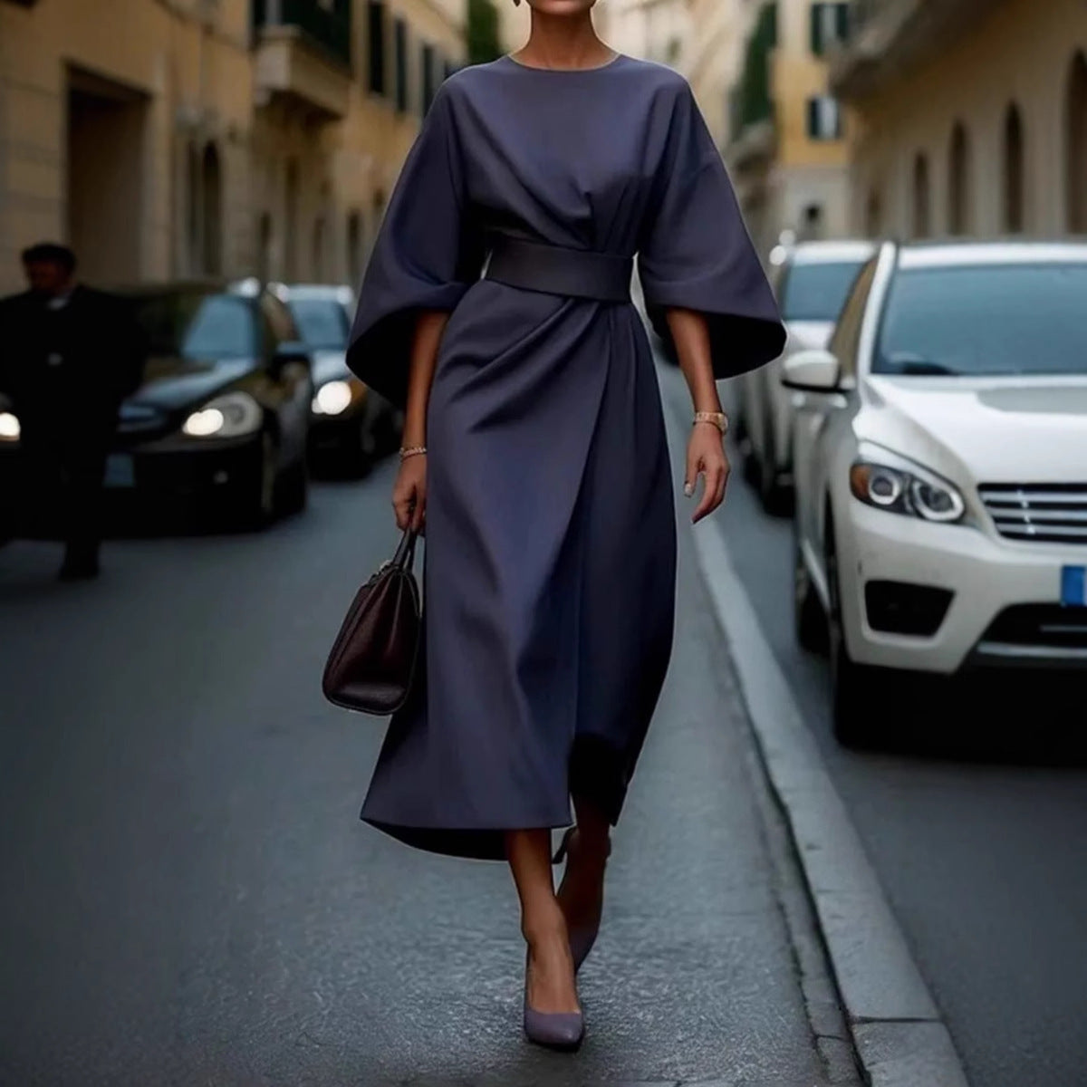 Dress for Women – Long Model – Batwing Sleeves – Draped Fit with Defined Waist