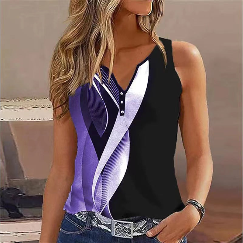 Women's Sleeveless Top – V-Neck – Relaxed Fit – Button Details – Soft and Breathable