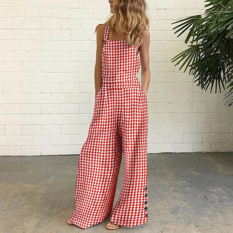 Women’s Gingham Jumpsuit - Wide Leg Overalls - Casual Sleeveless Outfit