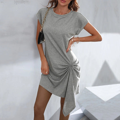Women's Mini Dress – Relaxed Fit – Soft Knit – Asymmetric Draped Hem – Short Sleeve