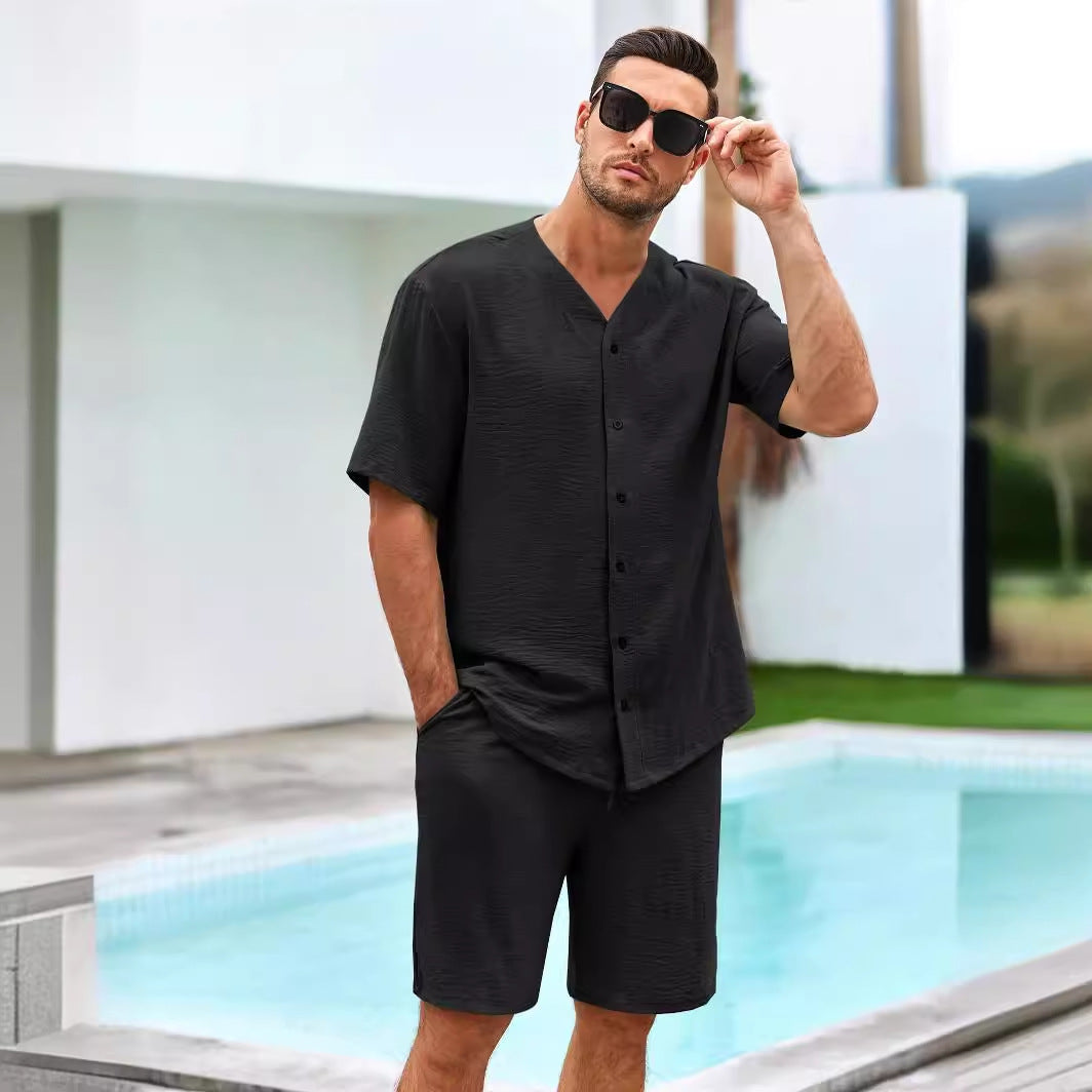 Men's Set – V-Neck Shirt with Buttons and Shorts – Relaxed Fit in Cotton