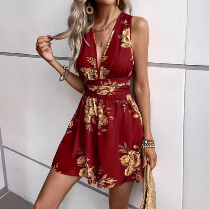 Women's Romper – V-Neck – Sleeveless – Fitted Waist – Floral – Lightweight and Breathable