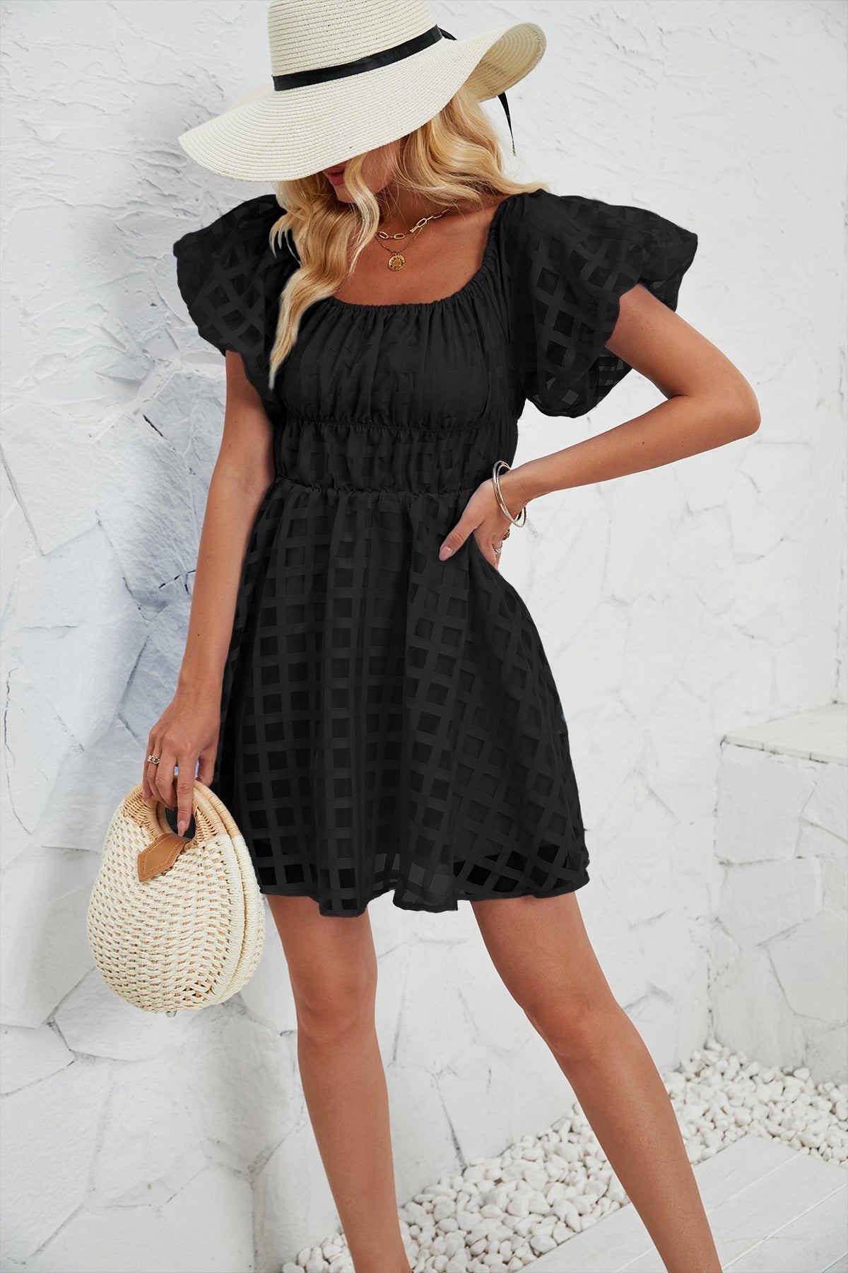 Dress for Women – Mini – Puff Sleeves – Square Neckline – Checked Texture – Lightweight