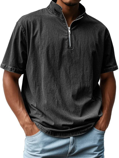 Men's shirt with short sleeves – slim fit – stand collar – zipper – breathable blend