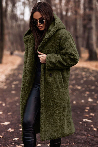 Women's Teddy Coat – Oversized Fit – Soft Fleece – Hood – Long Open Front