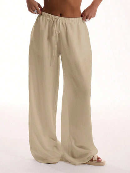 Women's Trousers – Wide Legs – Relaxed Fit – Light Linen Blend – Elastic Waist with Drawstring