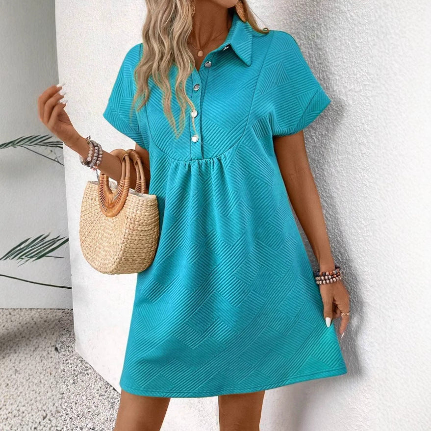 Women's Polo Dress – Relaxed Fit – Textured Fabric – Short Batwing Sleeves