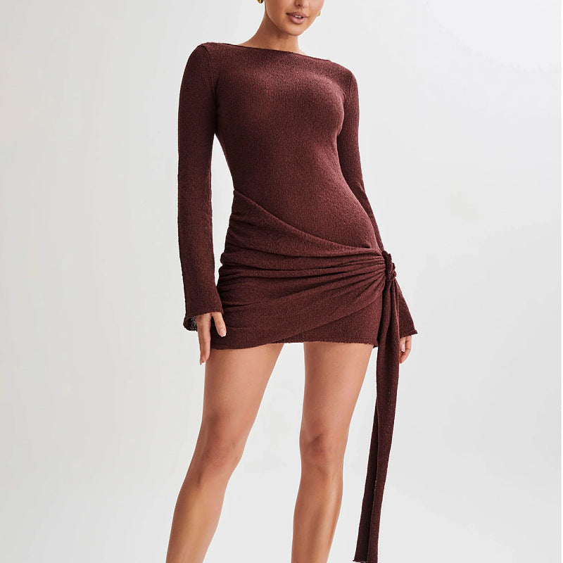 Kjole til kvinder – Mini – Slim fit – Strik – Lange ærmer – Rynket side med bindebånd