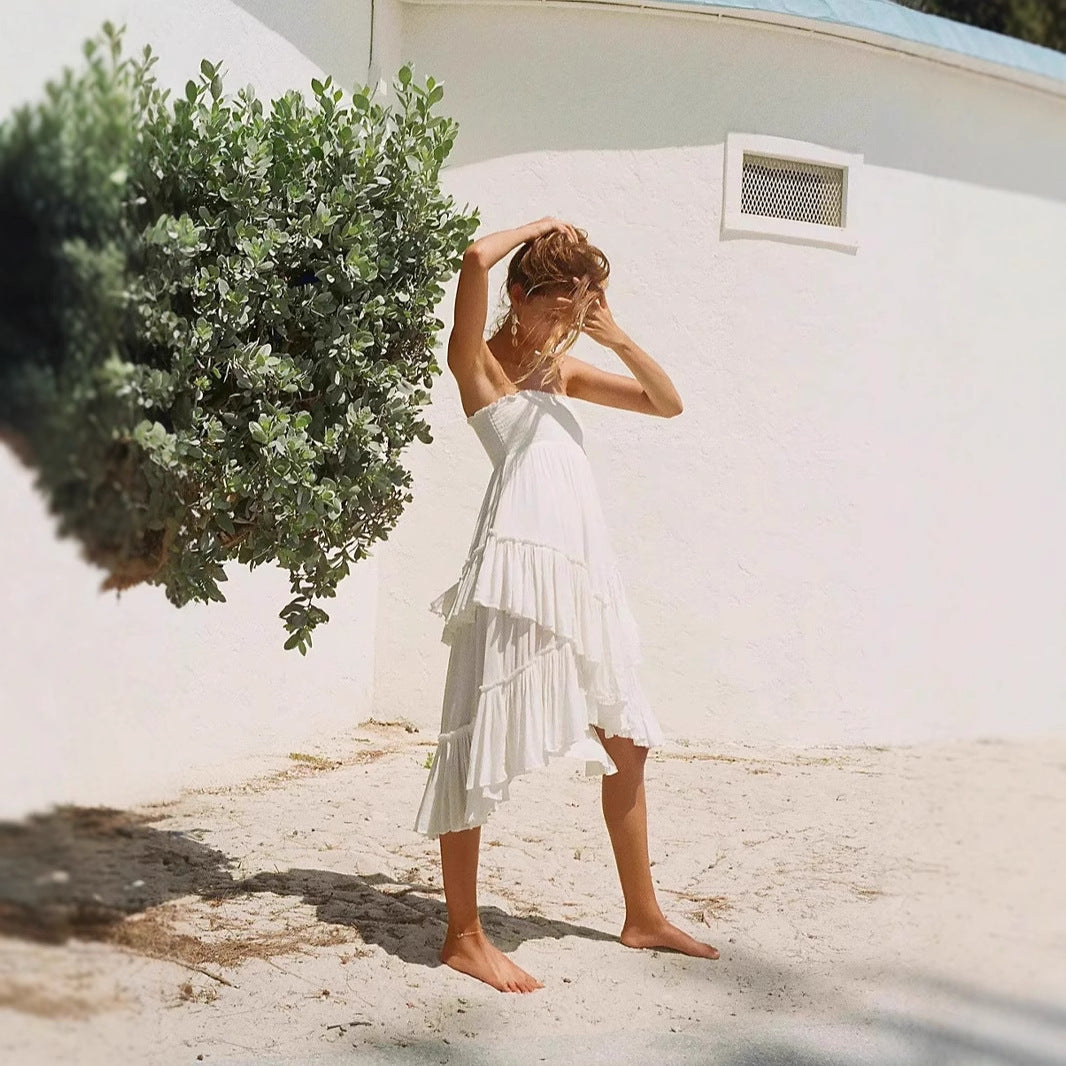 Women's Dress – Strapless with Spaghetti Straps – Light Cotton – Loose Fit – Midi Layered Skirt