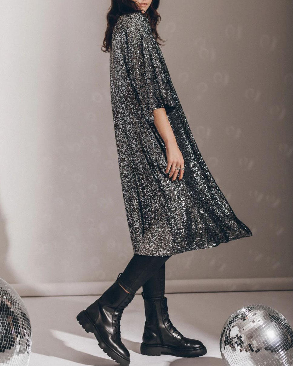 Isla Sequin Embellished Relaxed Fit Cardigan | Open Front Three-Quarter Sleeve Cardigan