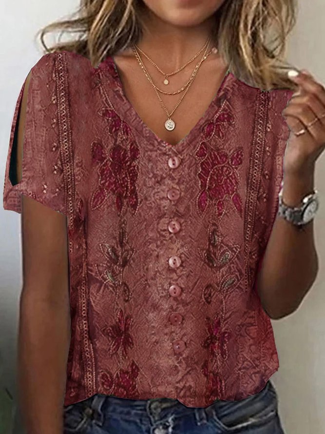 Women's Blouse – Relaxed Fit – V-Neck with Button Closure – Embroidered Boho Style – Light and Breathable