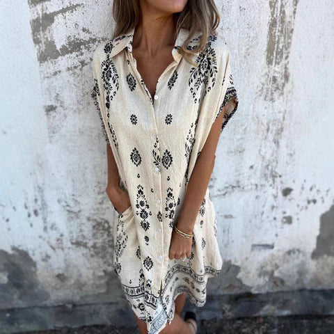 Women's Shirt Dress – Relaxed Fit – Bohemian Print – Natural Fibers – Mini Length