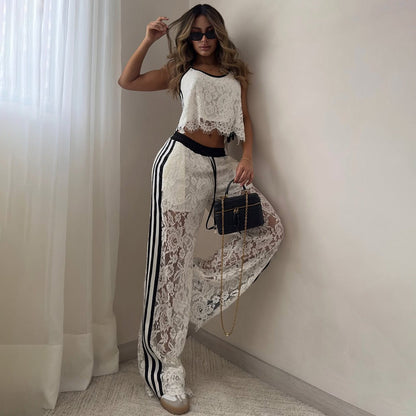 Women's Clothing Set – Lace Set in Loose Fit – Cropped Top and Long Drawstring Pants