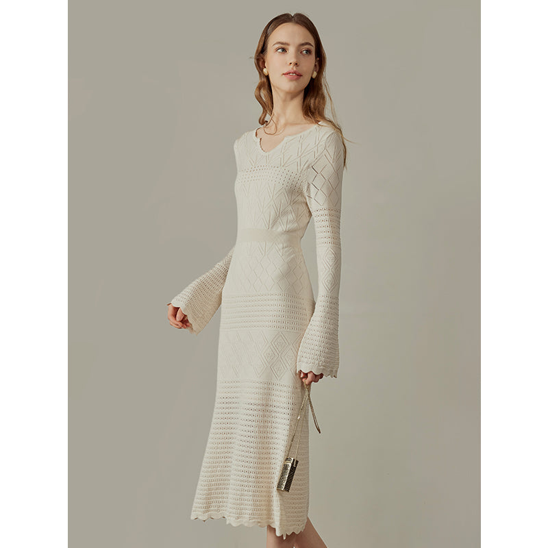 Elegant Knitted Long Sleeve Midi Dress - Modern Chic Style