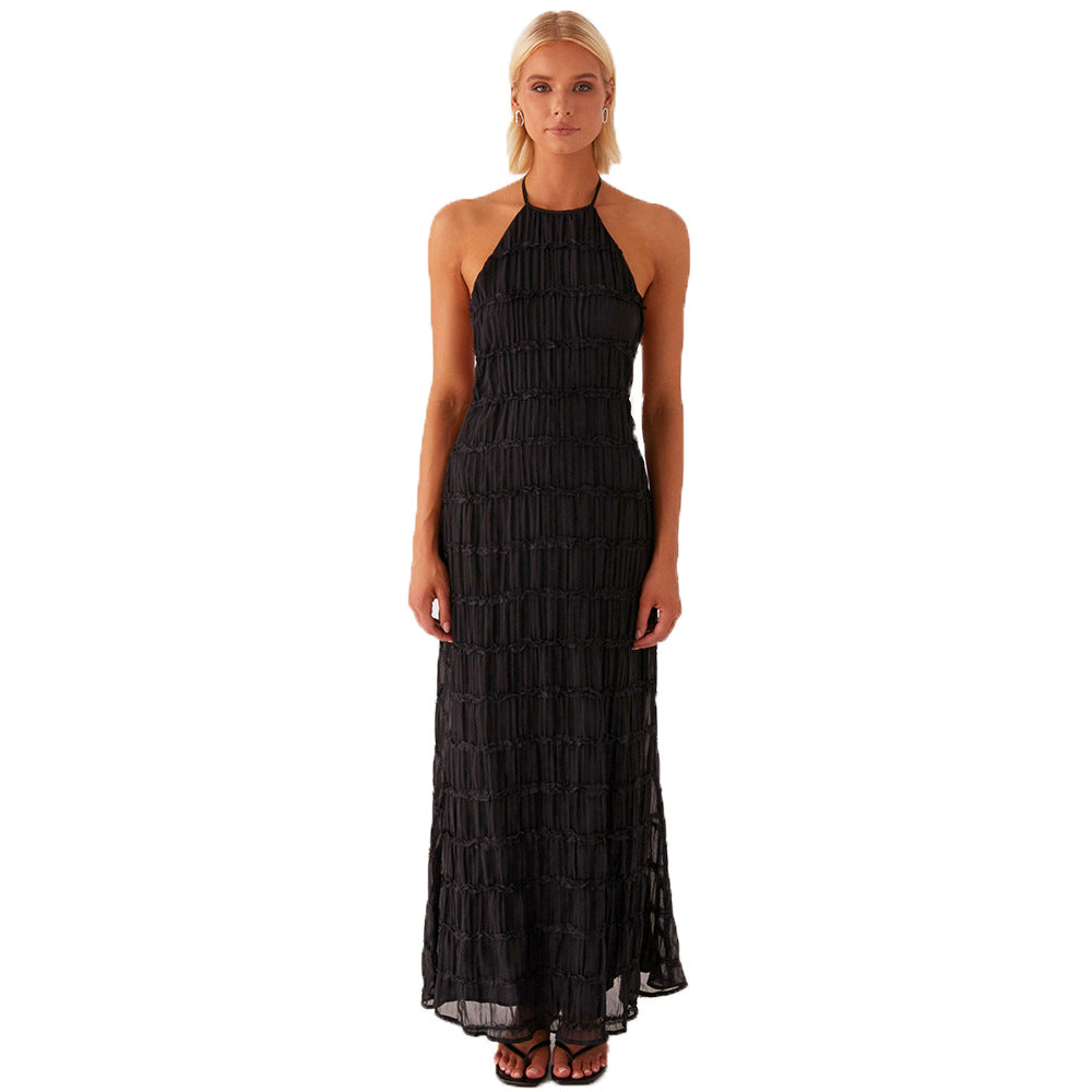 Women's Maxi Dress – Fitted Silhouette – Halterneck – Ruched Texture – Open Back