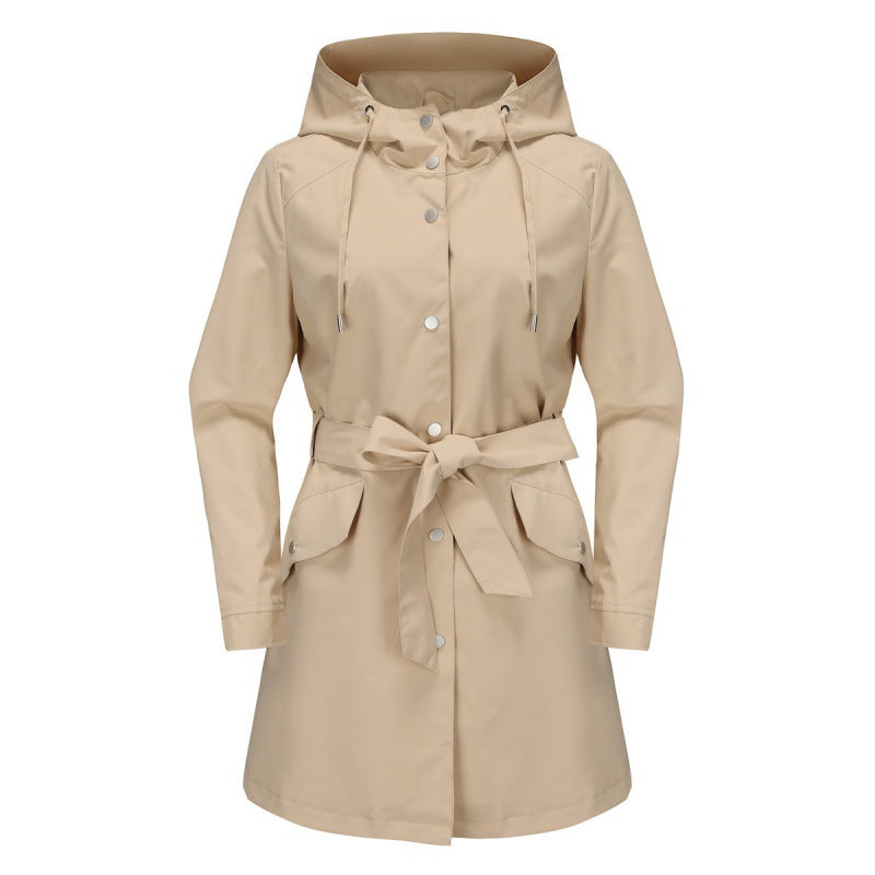 Women's Trench Coat – Relaxed Fit – Water-Resistant – Hood – Waist Belt – Mid-Length