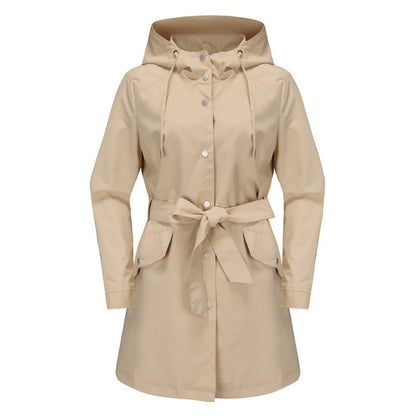Women's Trench Coat – Relaxed Fit – Water-Resistant – Hood – Waist Belt – Mid-Length
