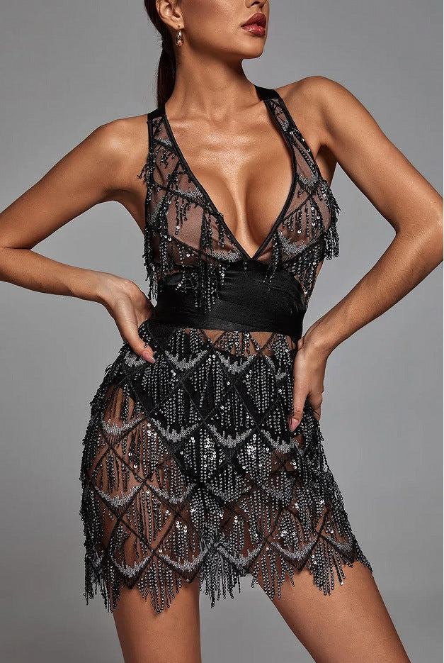 Dress for Women – Midi – Fitted – Deep V-neck – Sequins and Fringes