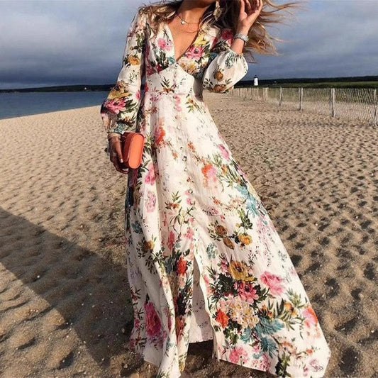Maxi Dress for Women – A-Line Fit – Deep V-Neck – Long Sleeves – Breathable Material