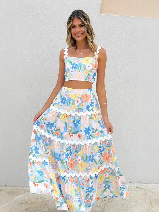 Women's Two-Piece Set – Slim Fit Floral Crop Top – Long Layered Skirt in Cotton Blend