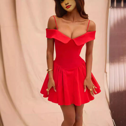 Dress for Women – Fit and Flare Fit – V-Neck – Ruched Skirt – Off-Shoulder Details