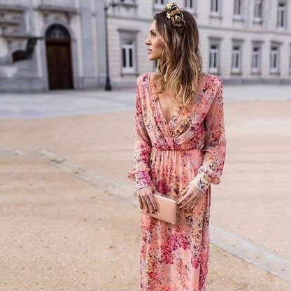 Women's Dress Maxi – Floral Print – Deep V-Neck – Light and Airy Fit