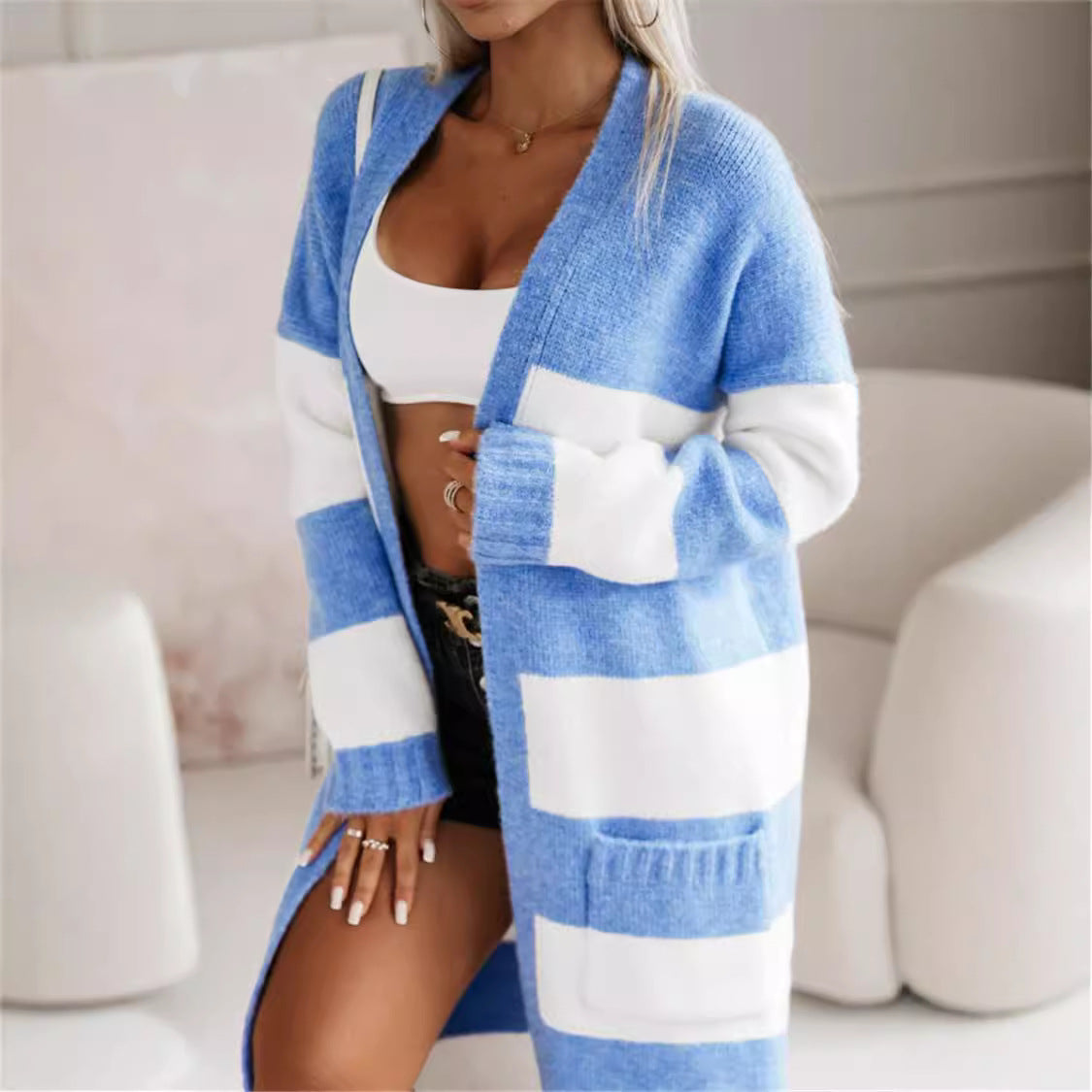 Women's Cardigan – Oversized Fit – Long Open Front – Ribbed Cuffs – Striped Design