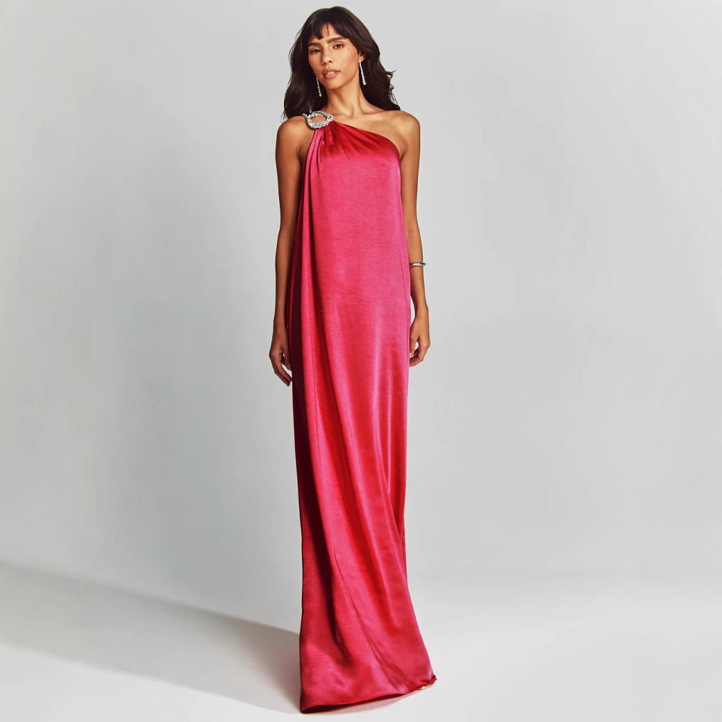 Dress for Women – Evening Dress in Satin – Loose Fit – One Shoulder with Ring Detail