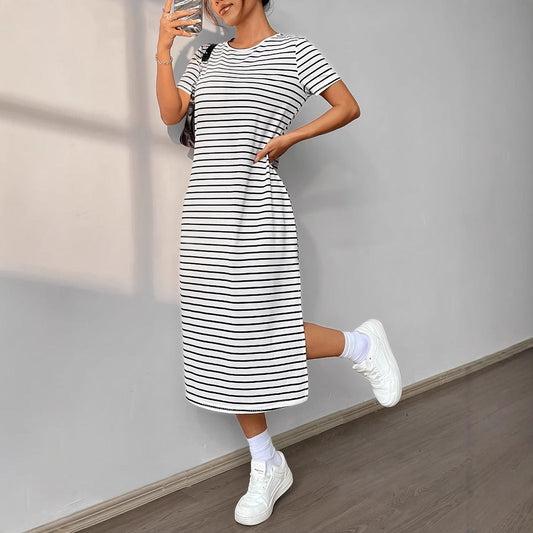 Dress for Women – Midi Length – Relaxed Fit – Striped Knit – Short Sleeve – Slit