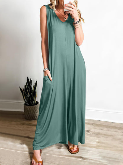 Women's Maxi Dress – Sleeveless V-neck – Soft Knit – A-line with Side Pockets